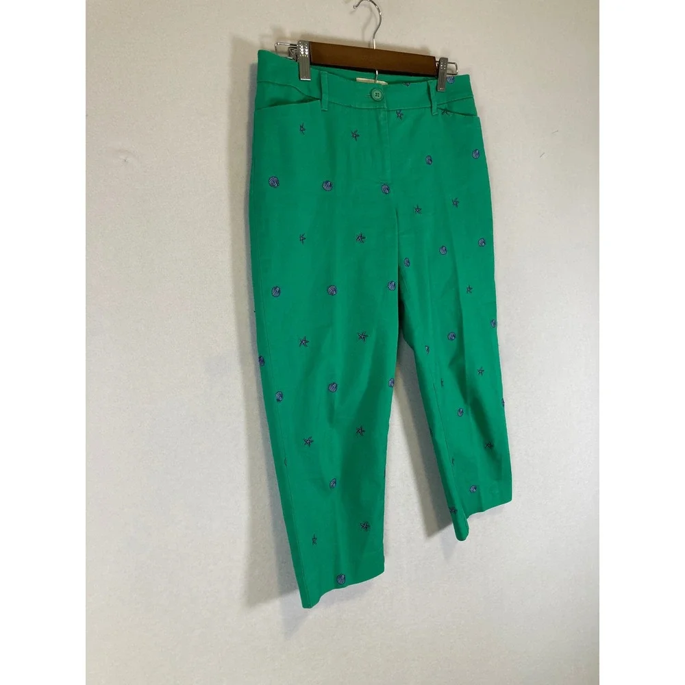 Coastal Preppy Talbots Women 4P Green‎ Embroidered Shell Starfish Ankle Pants
